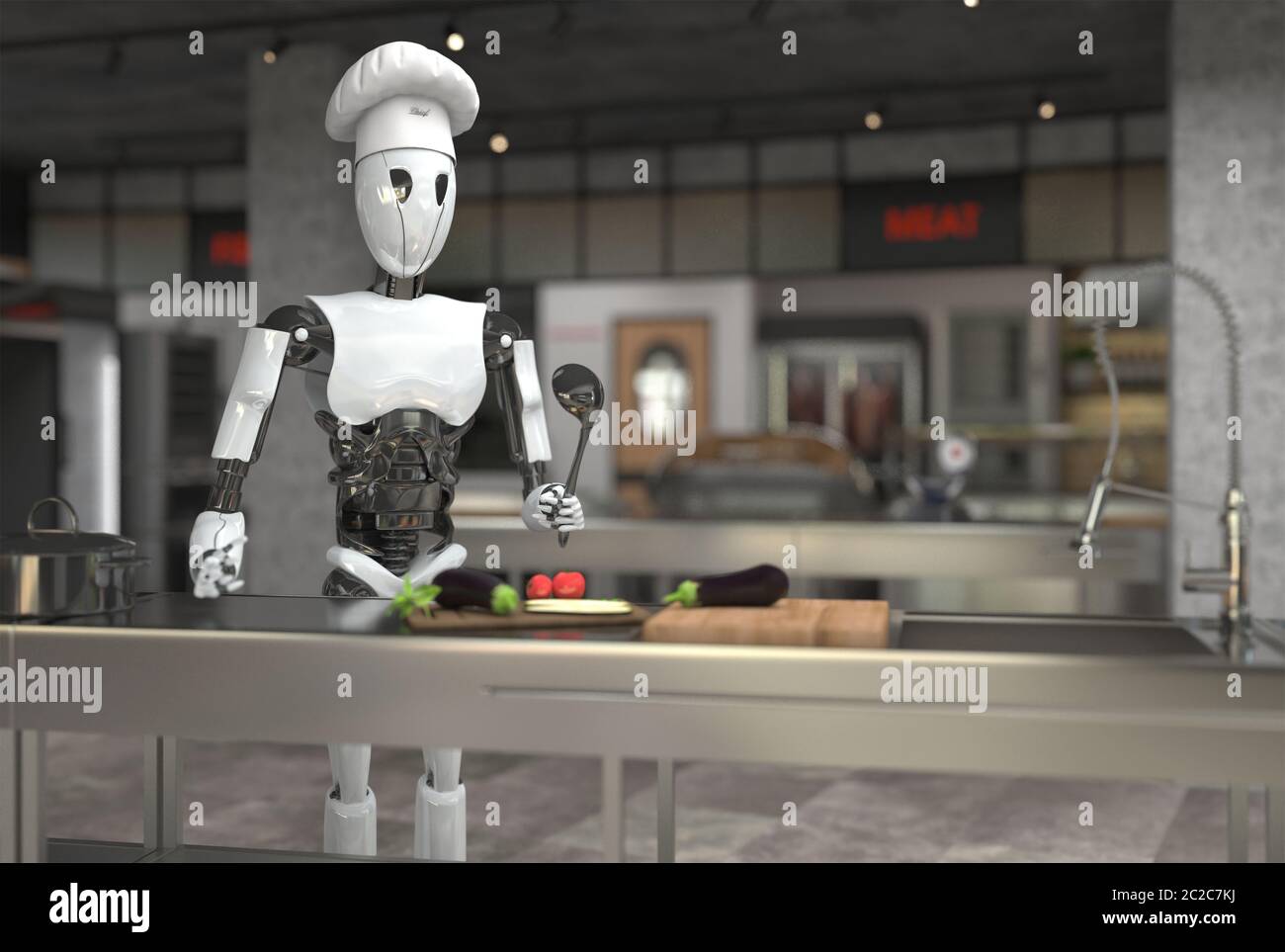 A humanoid robot chef cooks dishes in a restaurant kitchen. Replacing human labor with robotics. Future concept with smart robotics and artificial int Stock Photo