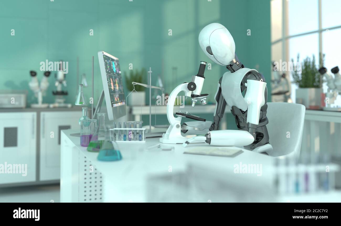 A humanoid robot in a laboratory works with a microscope. Scientific experiments. Future concept with smart robotics and artificial intelligence. 3D r Stock Photo