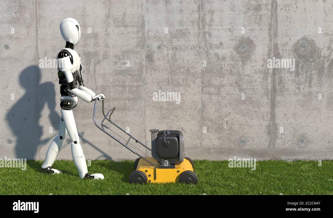 A humanoid robot mows grass with a lawn mower. Future concept with robotics and artificial intelligence. 3D rendering Stock Photo