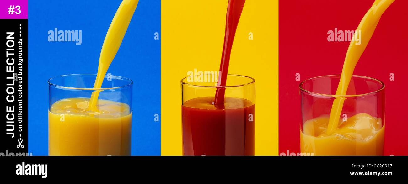 Juice pouring into glass, orange and tomato juices Stock Photo Alamy