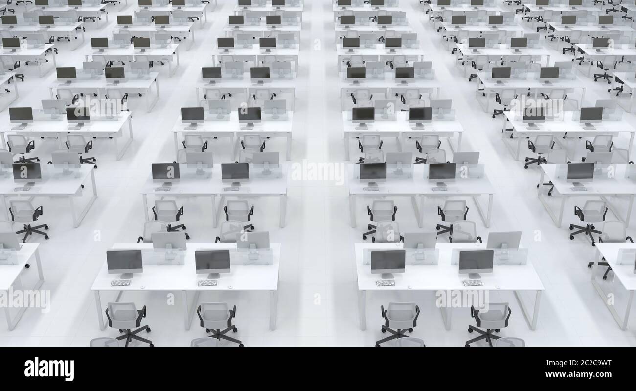 Many empty identical workplaces with computers in the interior of an office open space. Large bright office room in black and white without people. 3D Stock Photo