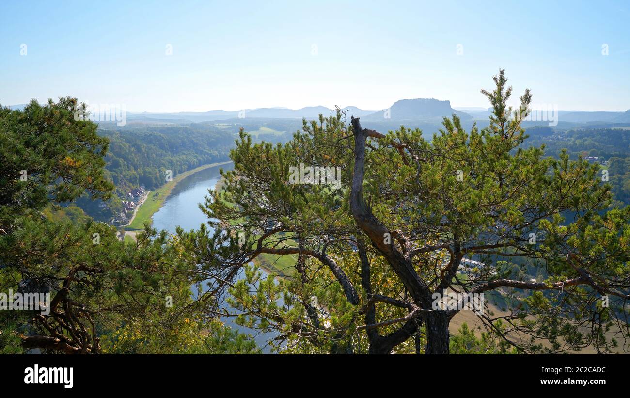 View from the rock formation Bastei in the Elbe Sandstone Mountains to the valley of the Elbe Stock Photo