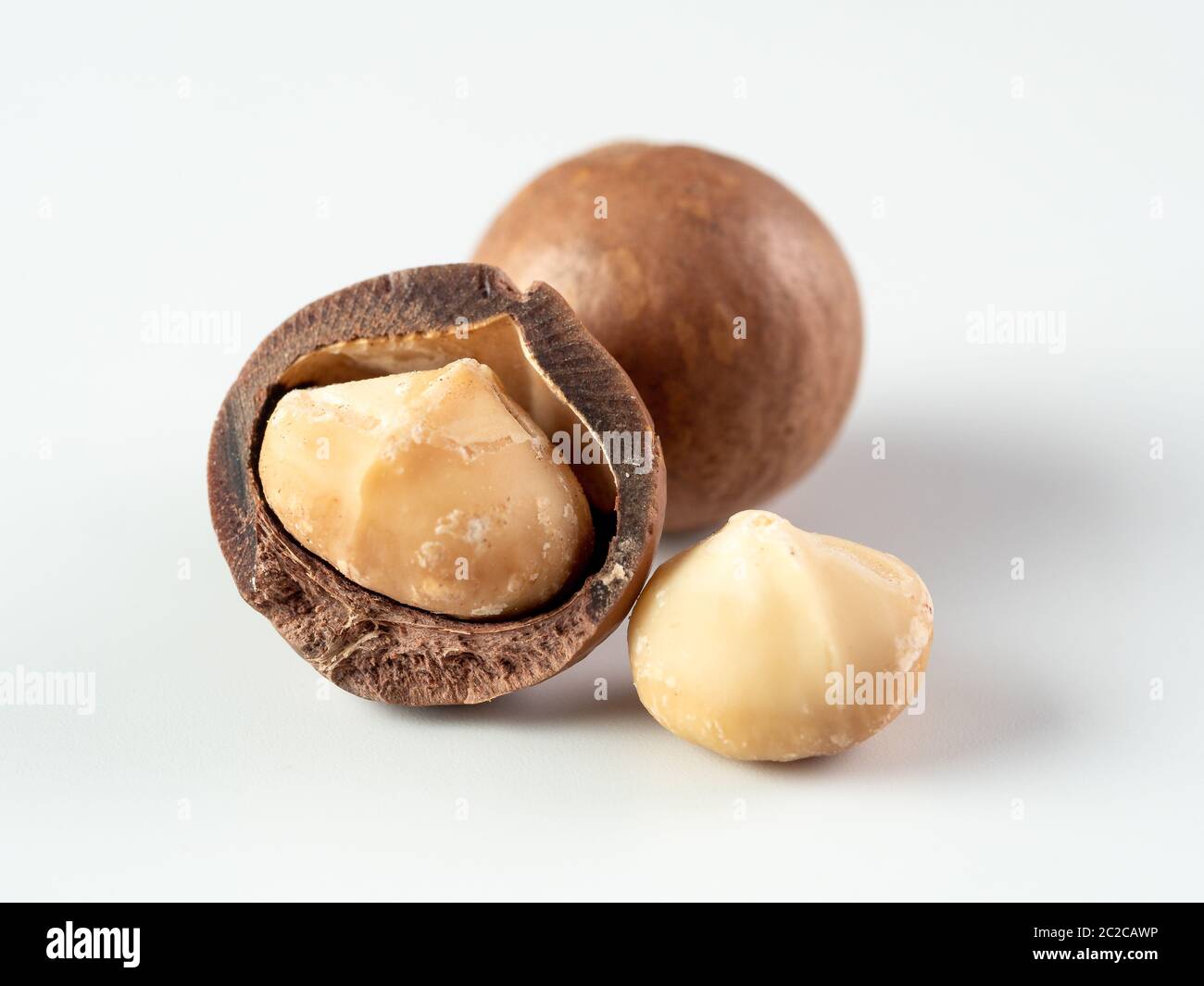 Three macadamia nuts isolated on white Stock Photo