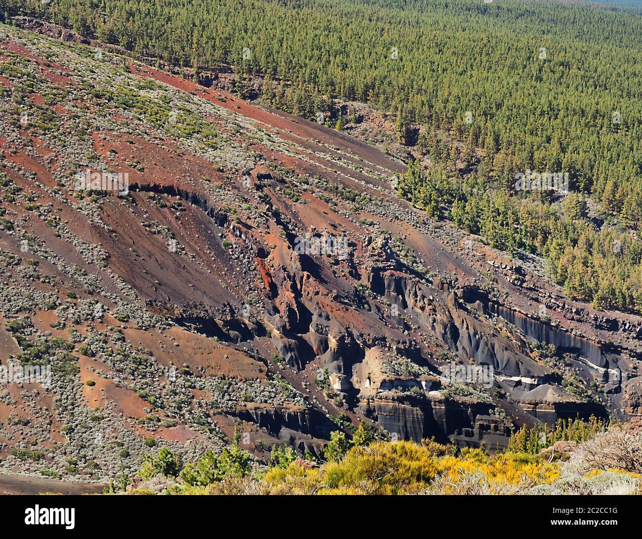 View of  a great volcanic landscape, the Montana Roja (red volcanic lava ash), a loose ash mountain in rich iron-colored red and purple tones, crossed Stock Photo