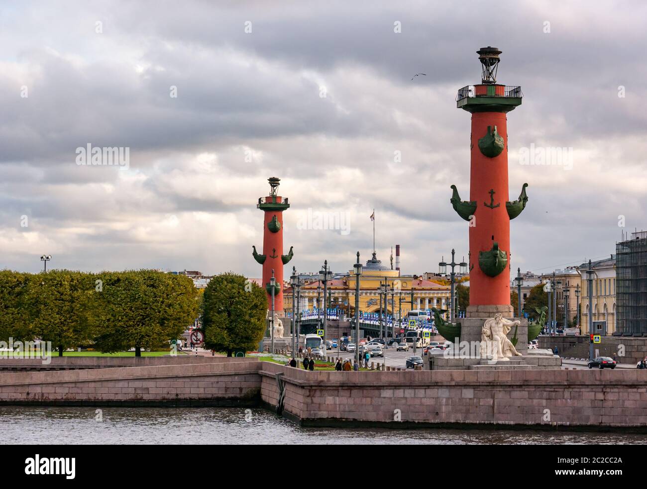 Giant rostral or victory columns on The Spit, Vasilyevsky Island, St Petersburg, Russia Stock Photo
