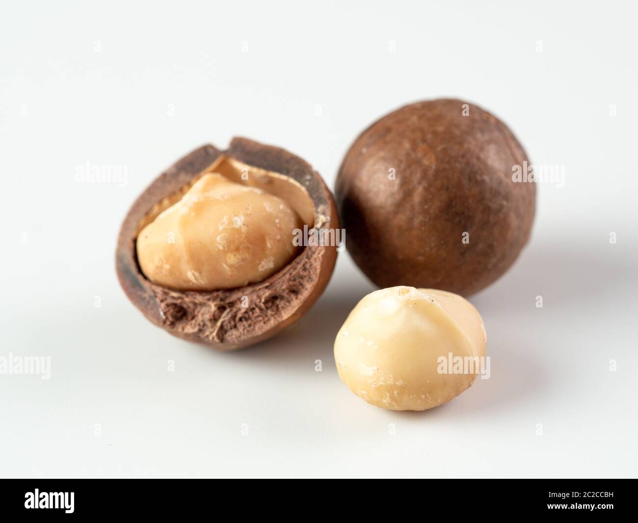Three macadamia nuts isolated on white Stock Photo