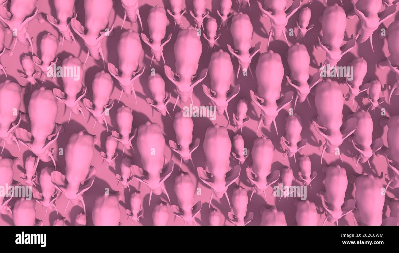Herd of pink elephants on a pink background. Top view. Creative conceptual monochrome illustration. 3D rendering. Stock Photo
