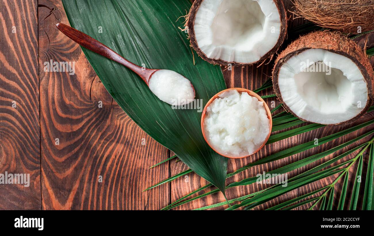 Liquid coconut MCT oil top view copy space Stock Photo