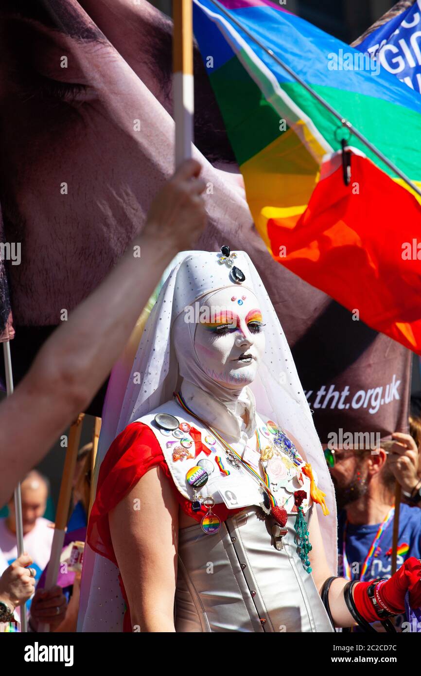 White faced guys at the 2019 Gay Pride march through Cardiff, Wales. Stock Photo