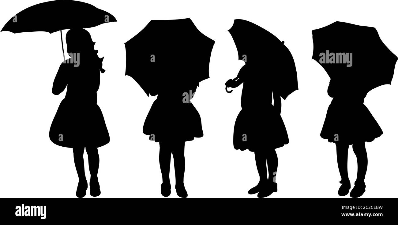 white background, black silhouette of a child girl with an umbrella, set, collection Stock Vector