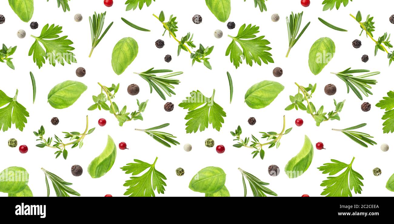 Different spices and herbs seamless pattern isolated on white background, top view Stock Photo