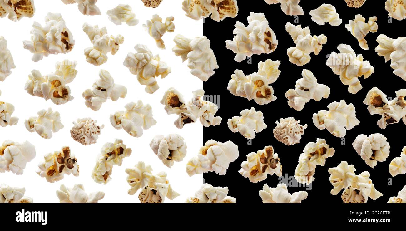 Popcorn seamless pattern. Pop corn on white and black backgrounds Stock Photo