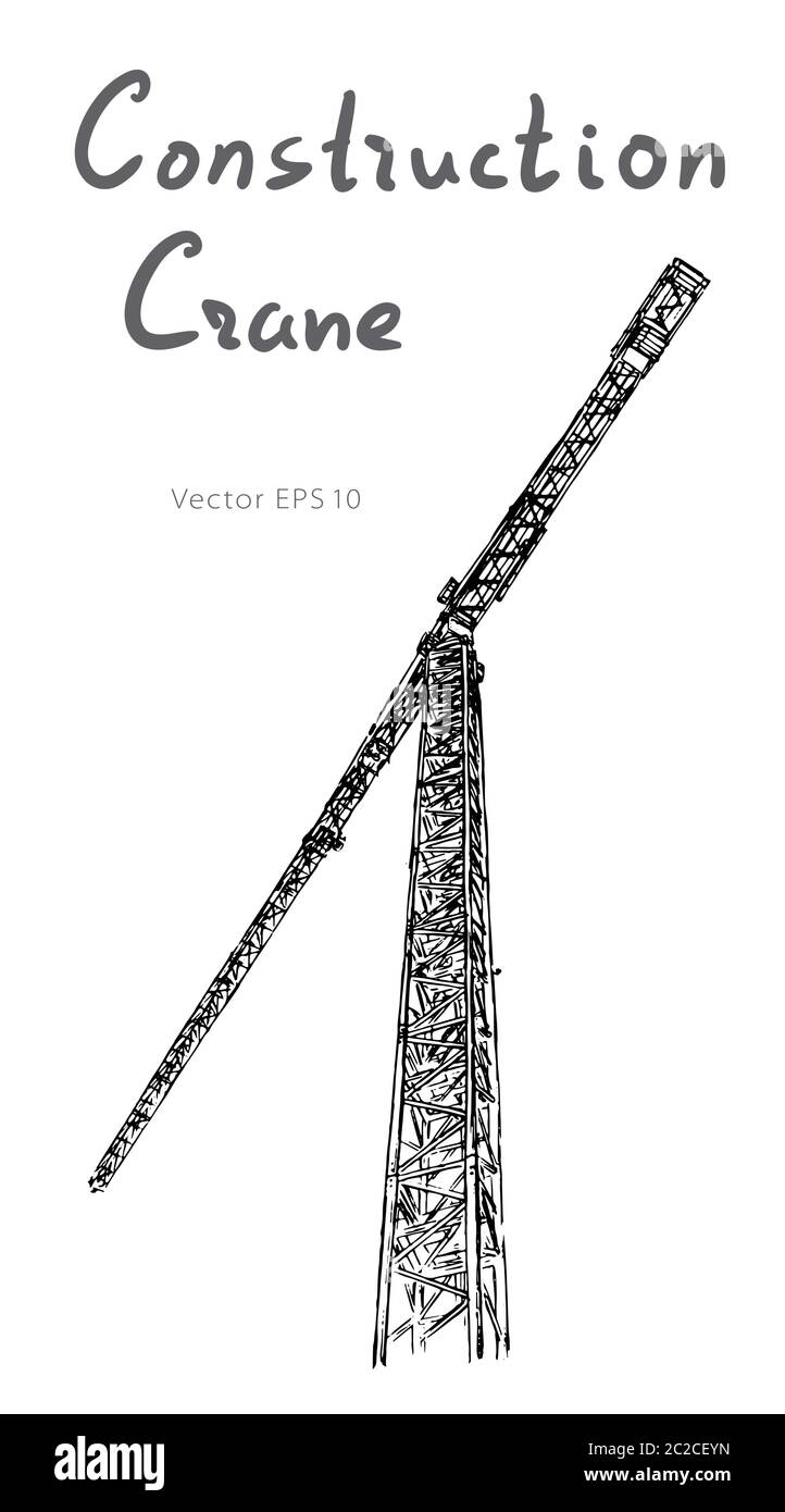 Tower construction crane. Hand drawn vector on white Stock Vector