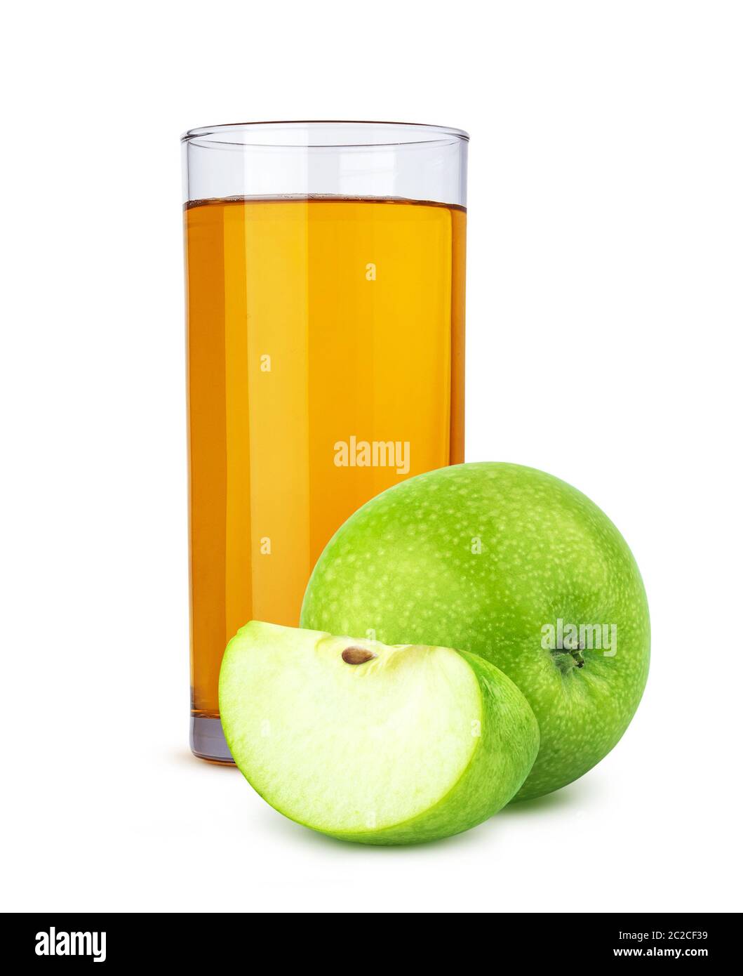 Glass of apple juice and cut apples isolated on white background Stock