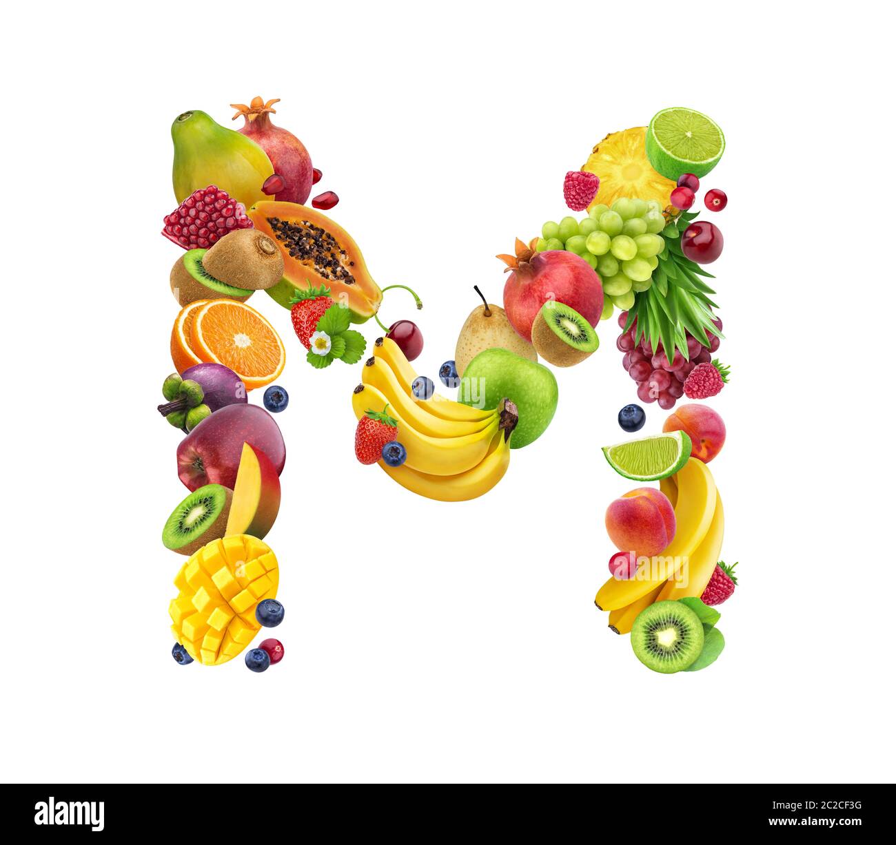 Letter M made of different fruits and berries, fruit font isolated on