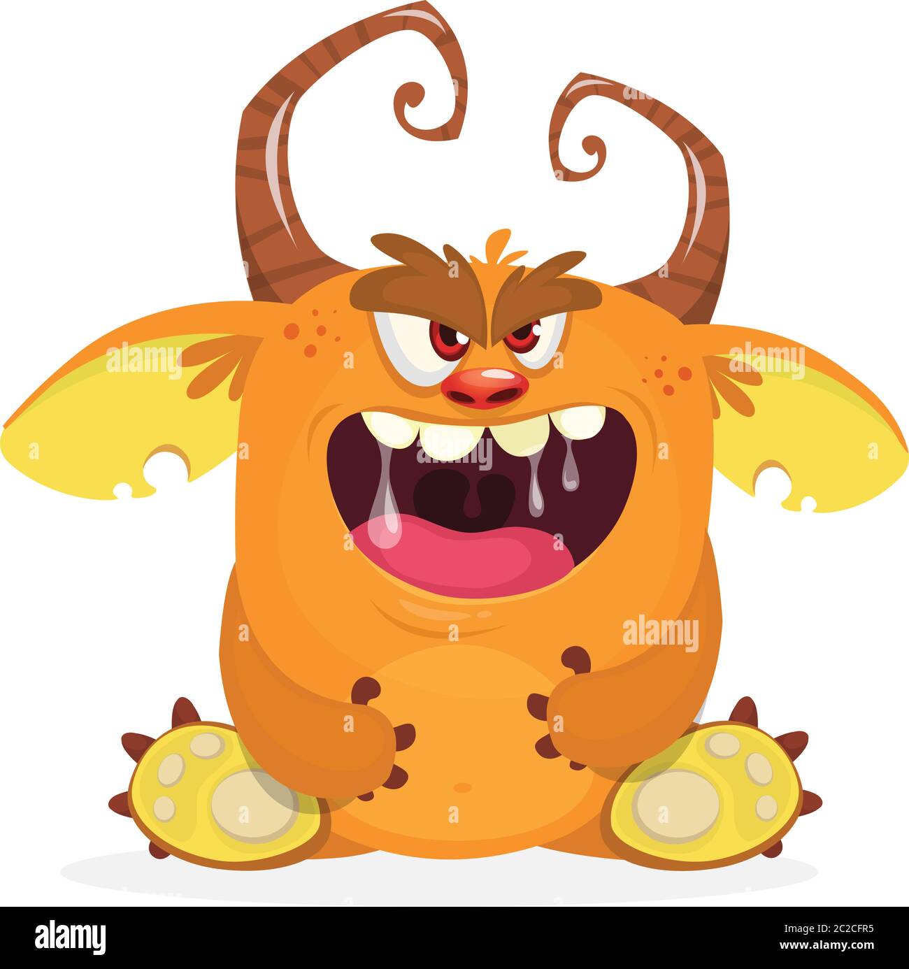 Angry cartoon monster sitting. Halloween vector horned monster