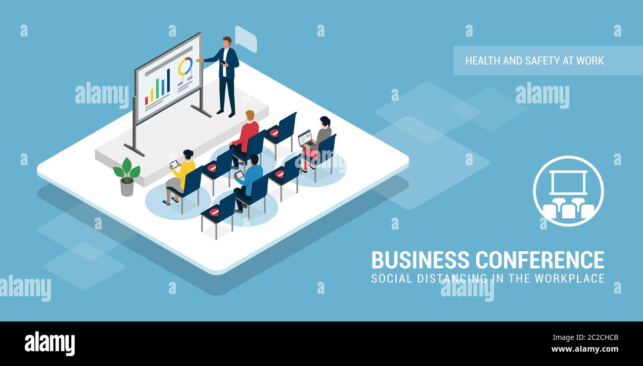 Corporate business people attending a business conference and keeping a safe distance, social distancing and coronavirus prevention concept Stock Vector