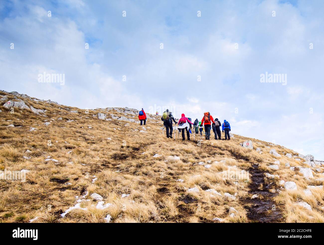 Large Group Of Mountaineers reaches the top of the mountain peak Stock ...