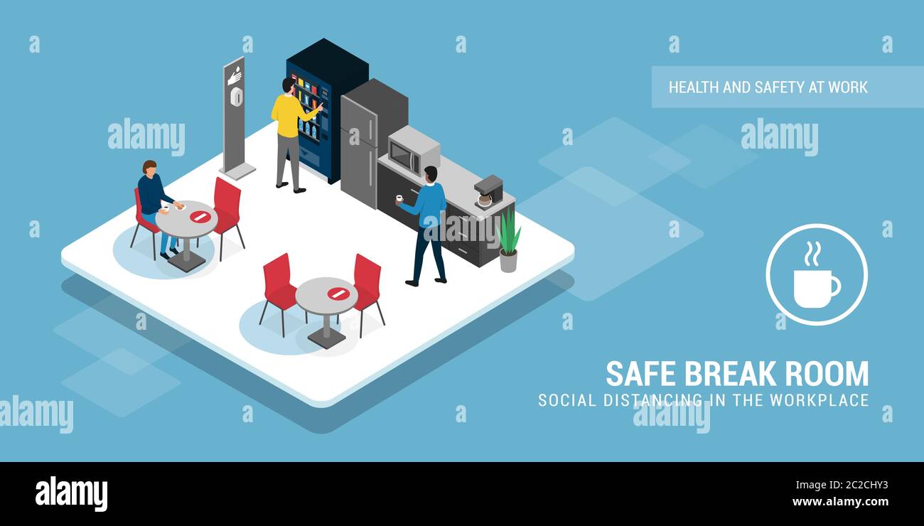 Safe break room and social distancing: business people having a coffee break in the cafeteria and keeping a safe distance Stock Vector