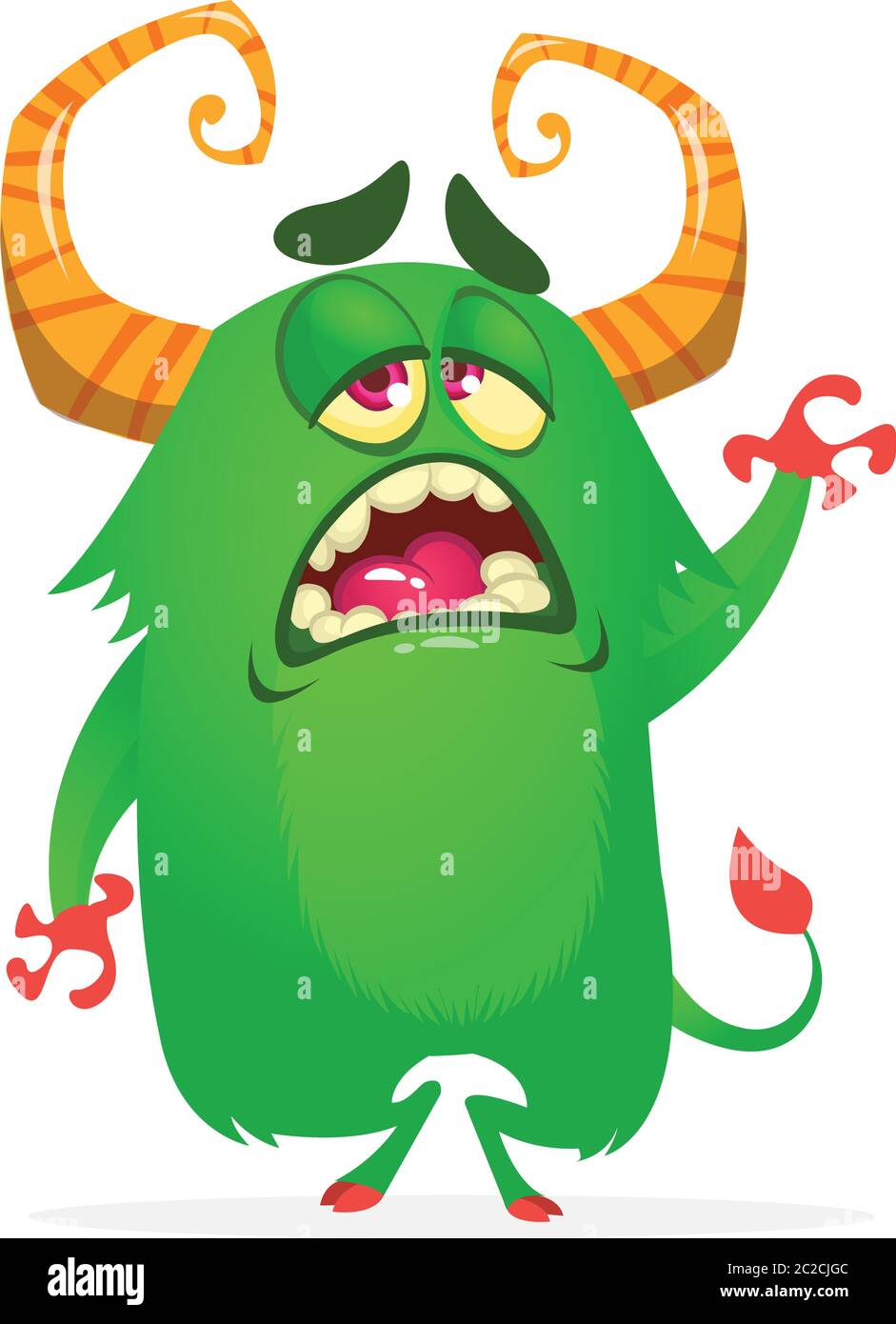 Sad and tired monster character waving hand. Halloween illustration