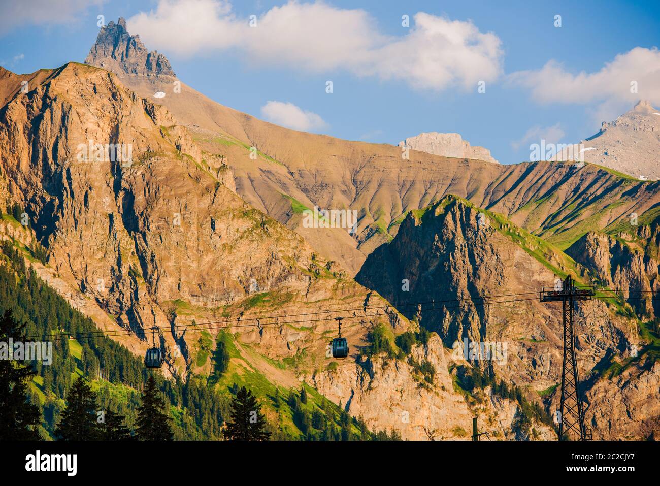 Adelboden Village in Switzerland Air Line Gondolas and the Alpine Landscape Stock Photo