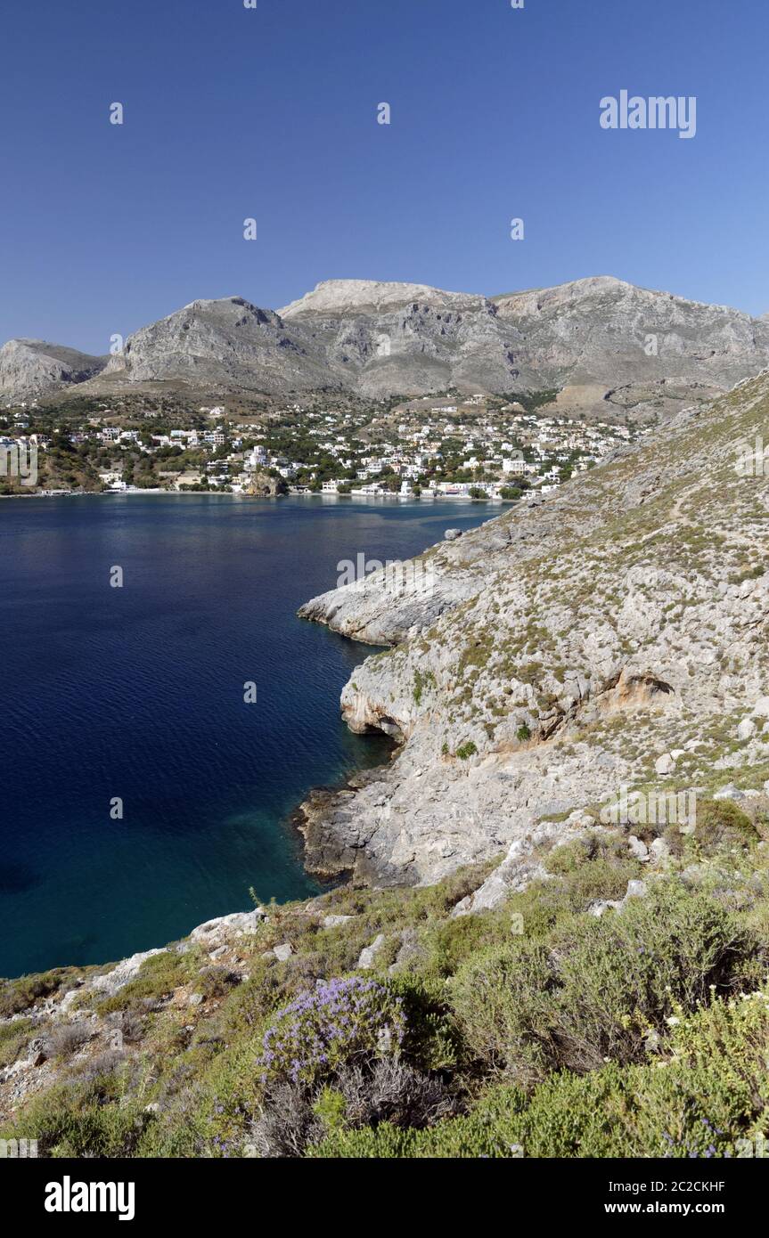 The dramatic mountainous landscape of Kalimnos or Kalymnos, Linaria Bay, Panormas, Kalymnos or Kalimnos, Dodecanese Islands, Greece. Stock Photo