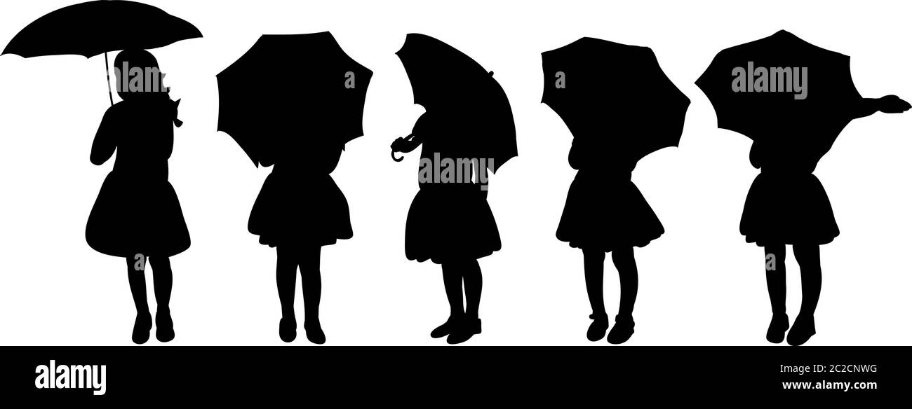 vector, on white background, black silhouette of a child girl with an umbrella, set, collection Stock Vector