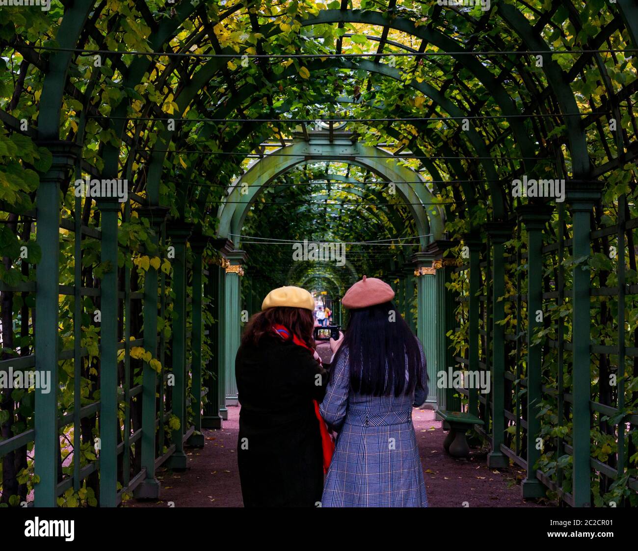 Young female Asian tourists wearing berets taking photo in arched trellis arbor in Autumn, Summer Garden, St Petersburg, Russia Stock Photo