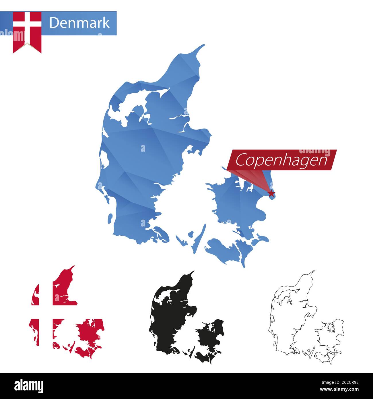 Denmark blue Low Poly map with capital Copenhagen, four versions of map. Vector Illustration. Stock Vector