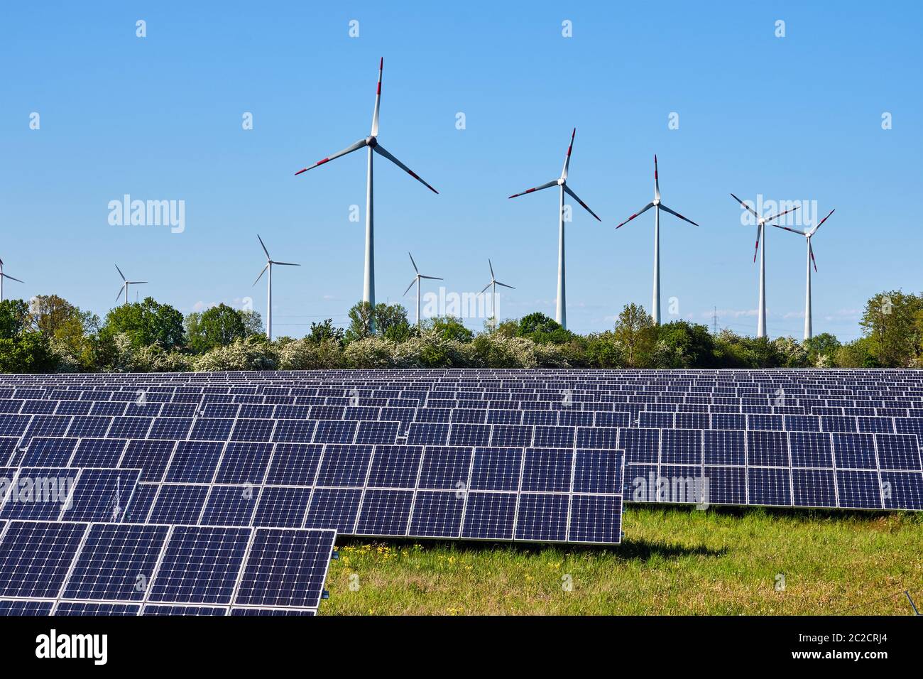 Solar panels and  wind power plants seen in Germany Stock Photo