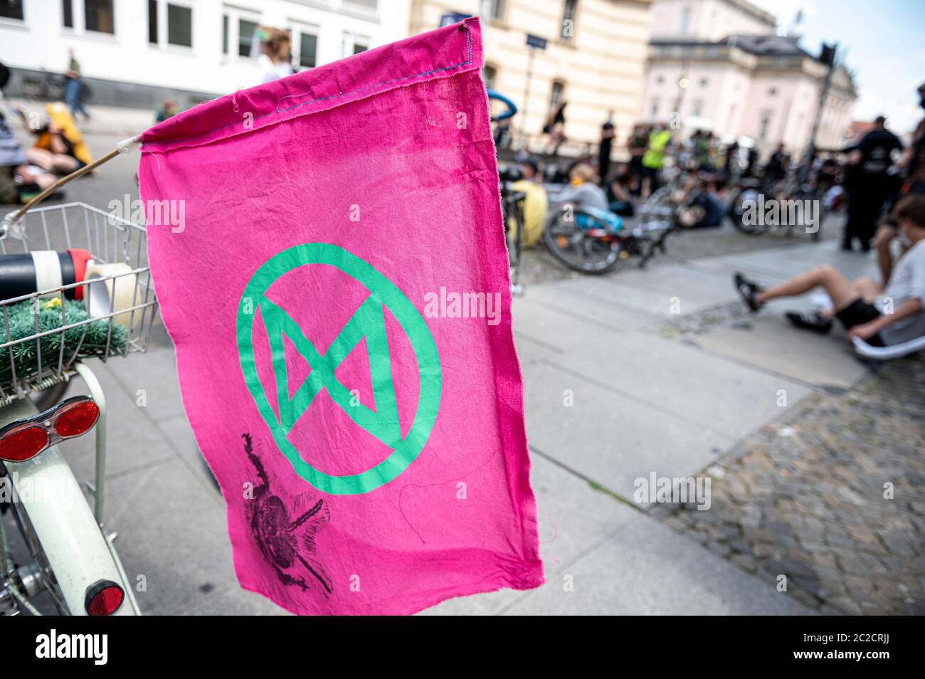 Berlin, Germany. 17th June, 2020. Demonstrators of Extinction Rebellion block the street in front of the headquarters of the German Association of the Automotive Industry (VDA). Credit: Fabian Sommer/dpa/Alamy Live News Stock Photo