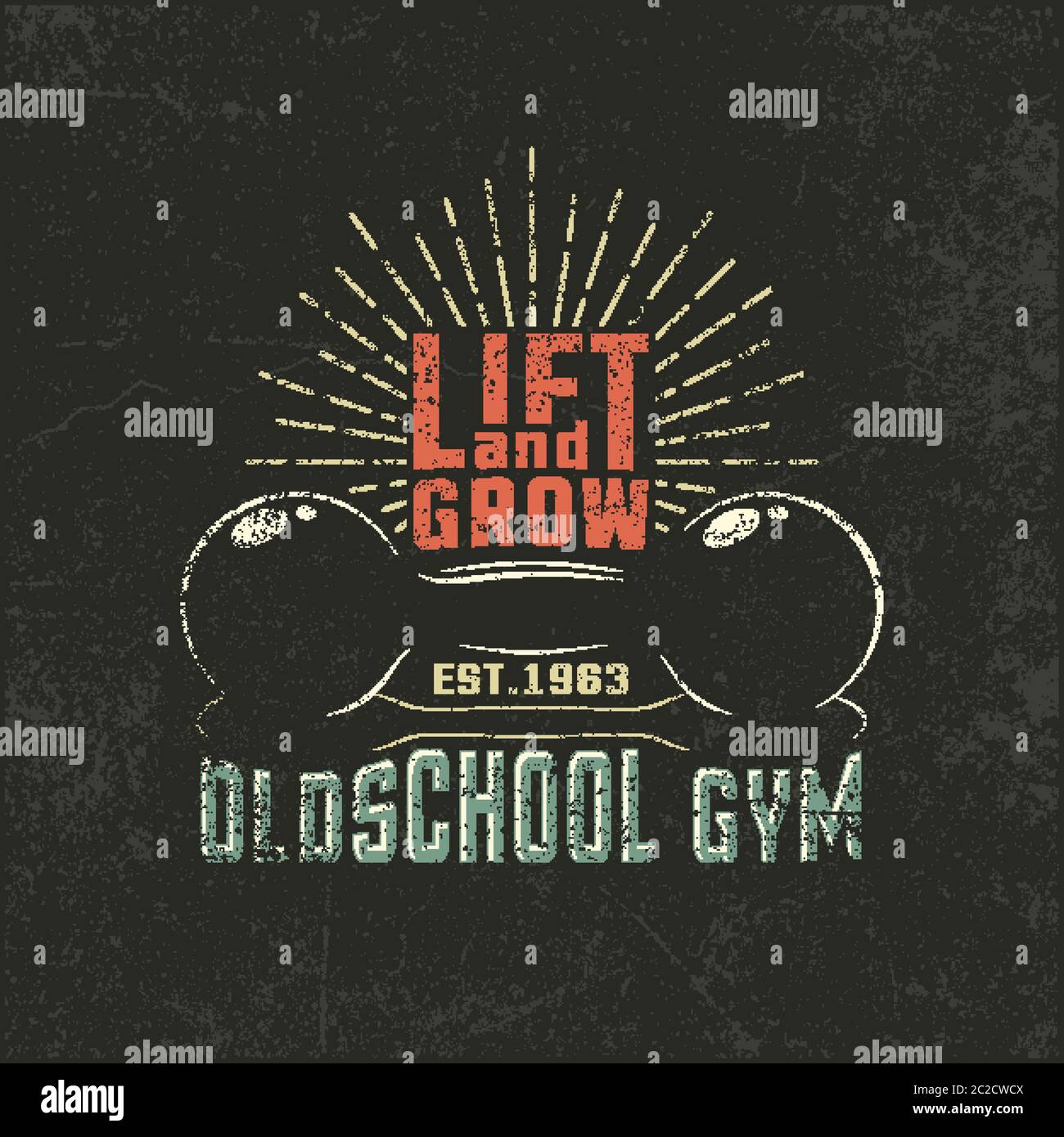 Old-school dumbbells with inscriptions and a sunberst Stock Vector