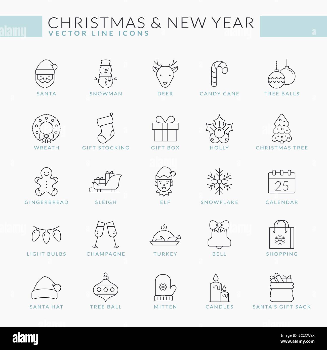Christmas and New Year outline icons set. Vector thin line collection for Season's Greetings. Isolated winter holiday symbols - Santa, snowman, gifts, Stock Vector
