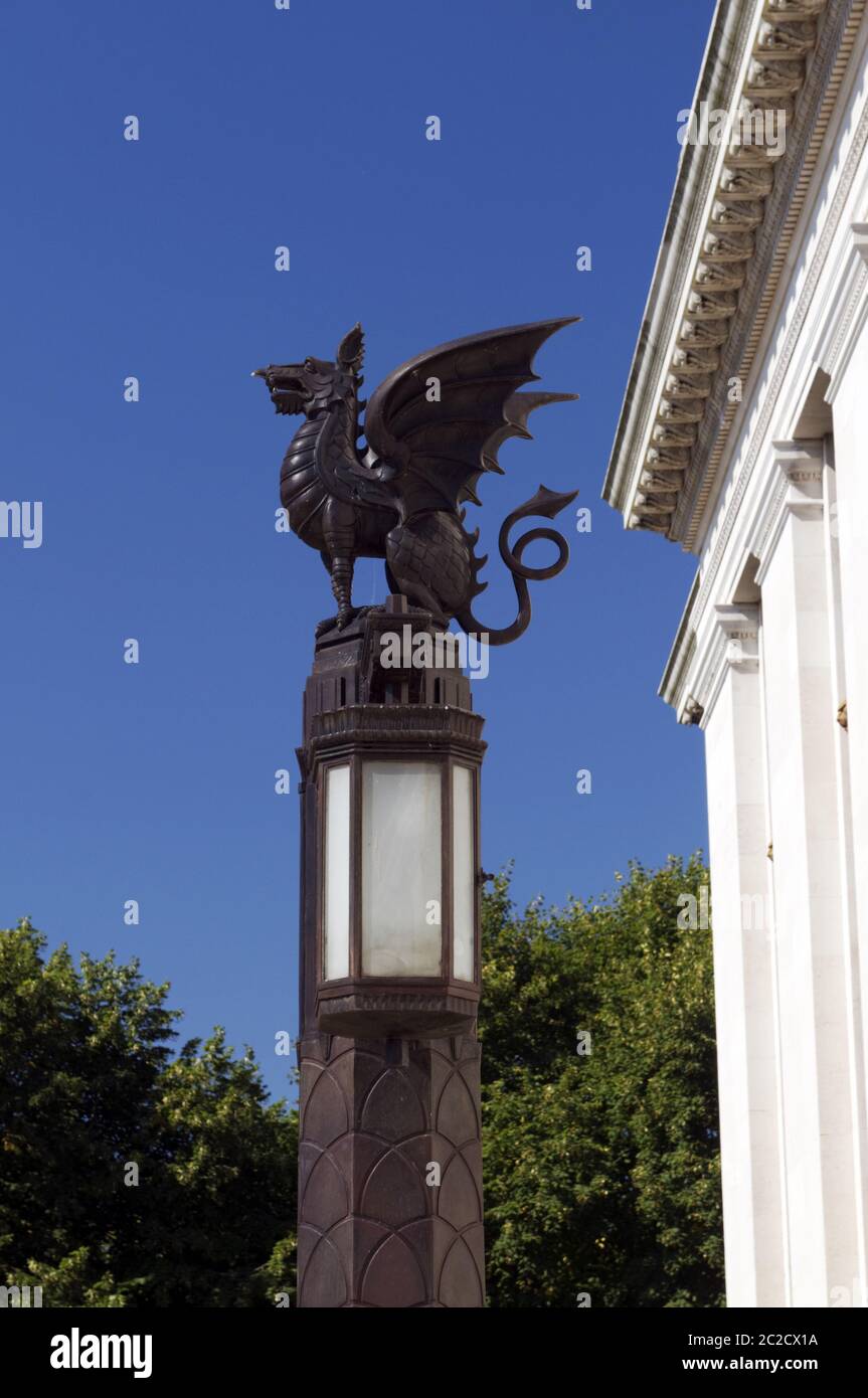 Welsh Dragon Lighting Colum, Welsh Office, Cathays park, Cardiff, Wales. Stock Photo