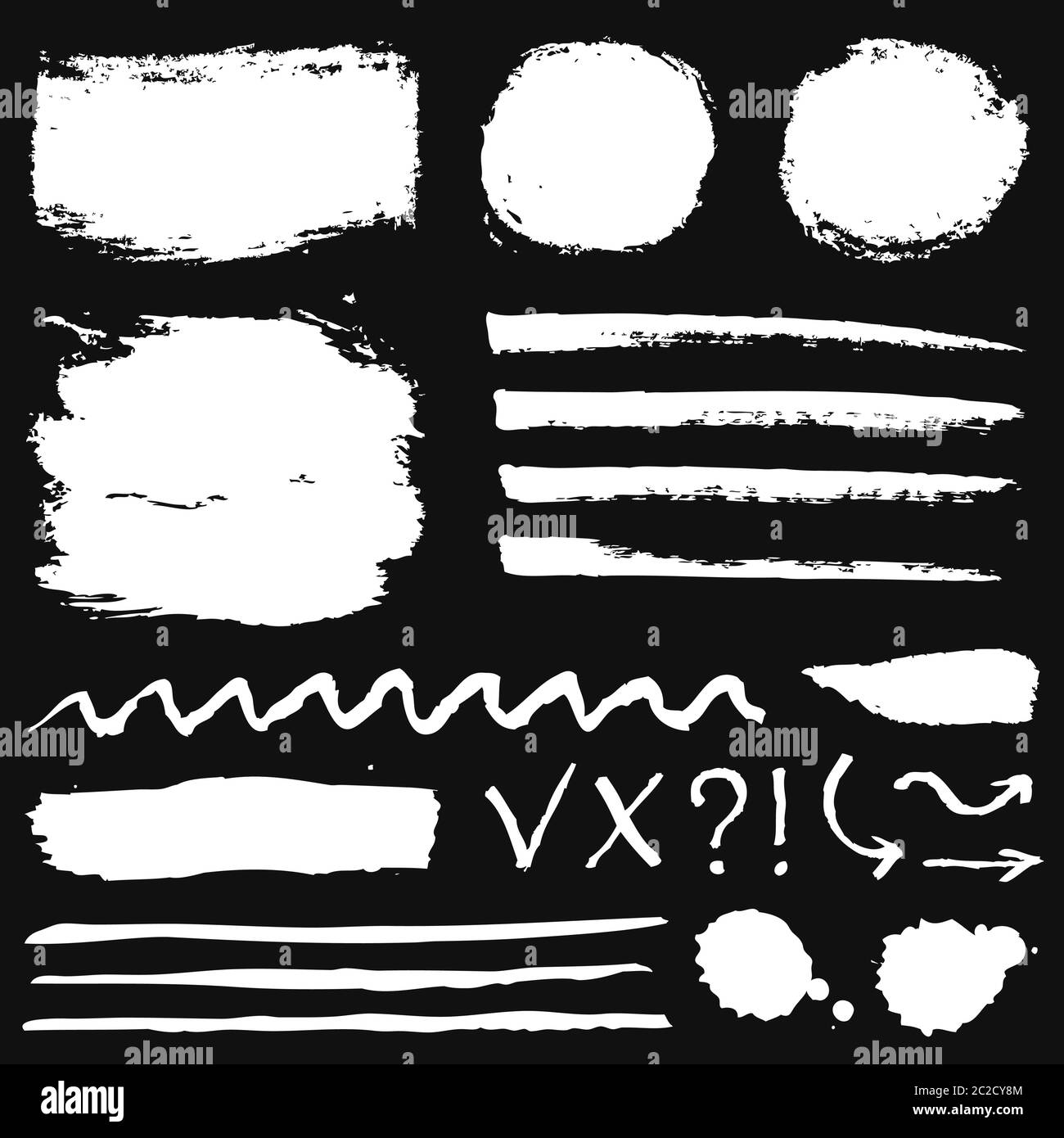 Paint brush strokes, grunge stains and symbols isolated on black