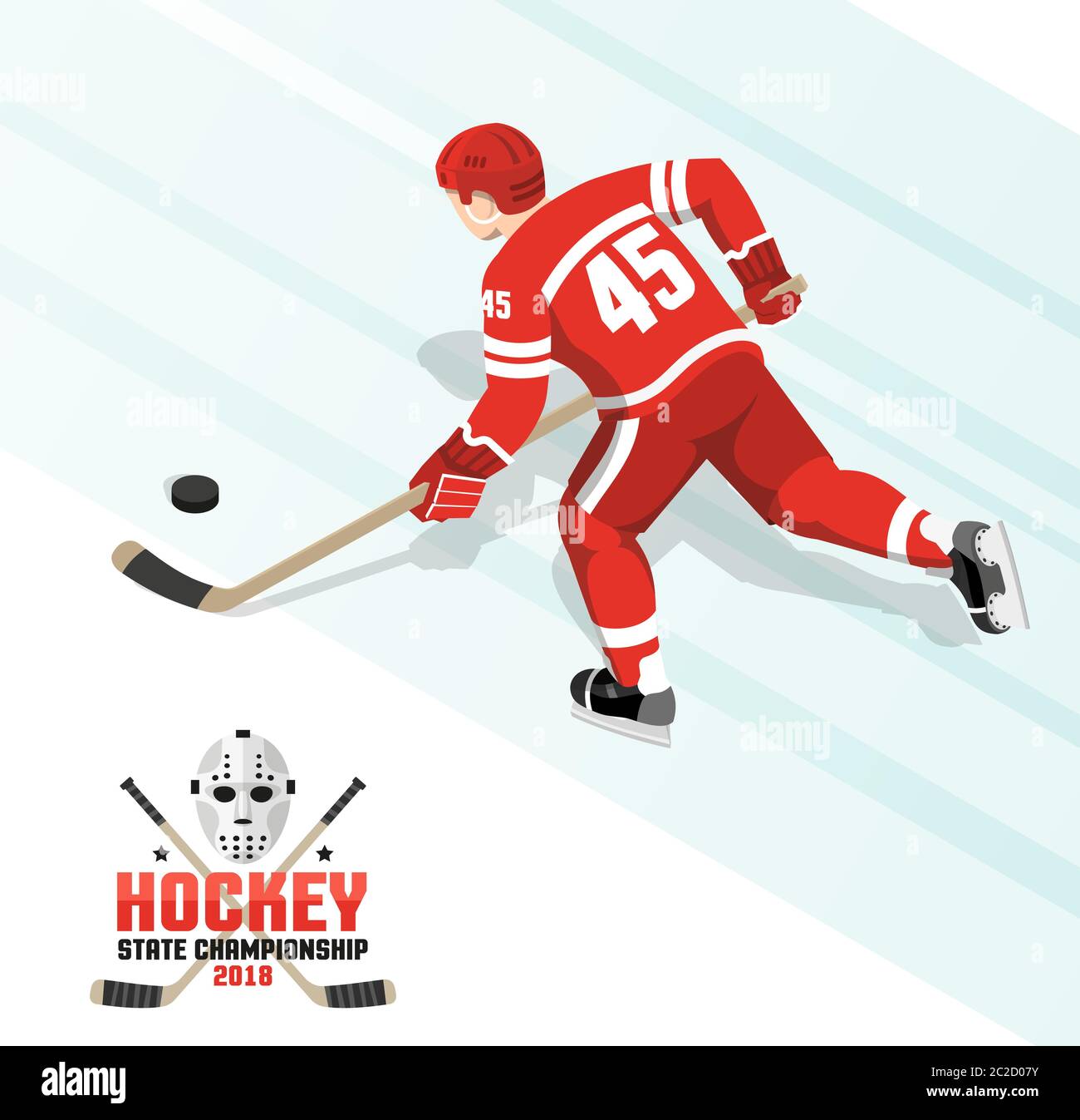 Ice hockey player with puck in red uniform Stock Vector