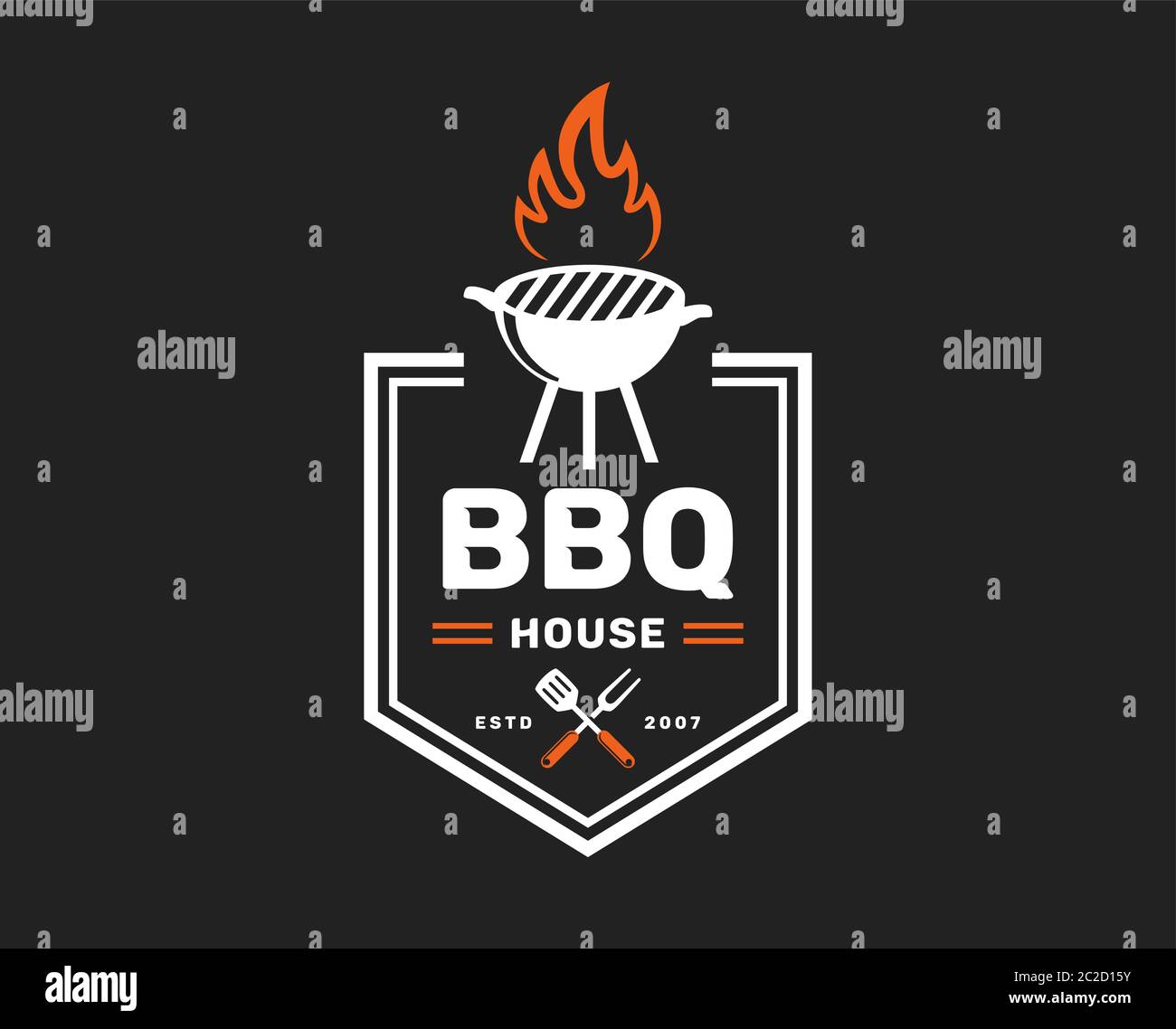 BBQ house logo isolated on black background. Vector badge for barbecue restaurant. Retro emblem with grill. Stock Vector