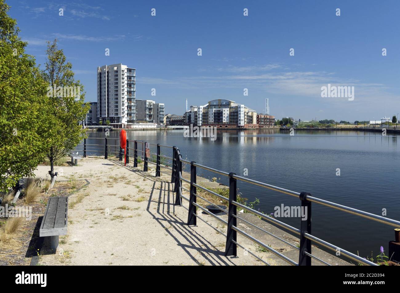 Roath Basin from the new Gloworks Path, Cardiff Bay, Wales, UK. Stock Photo