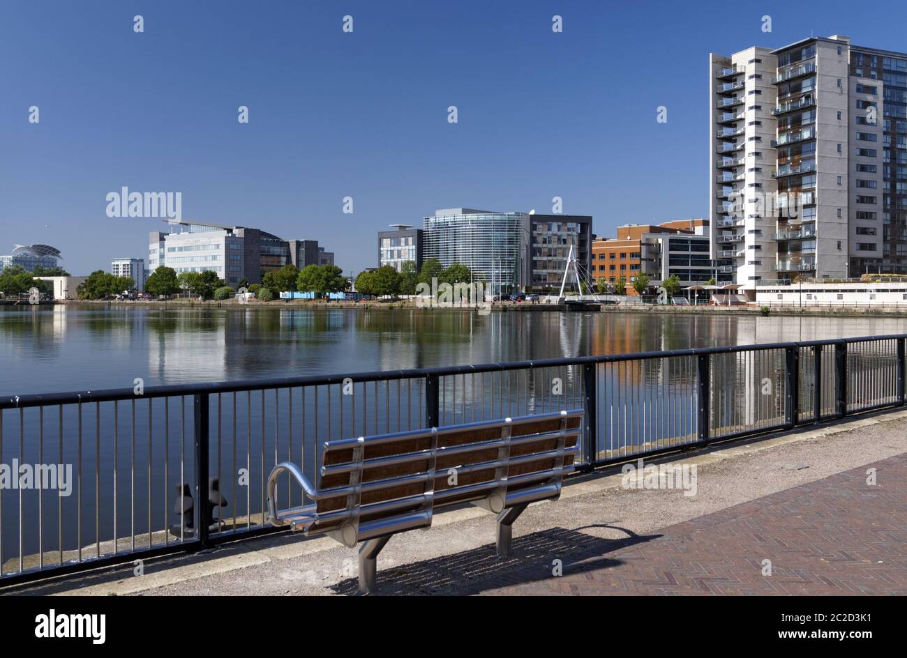 Roath Basin from the new Gloworks Path, Cardiff Bay, Wales, UK. Stock Photo