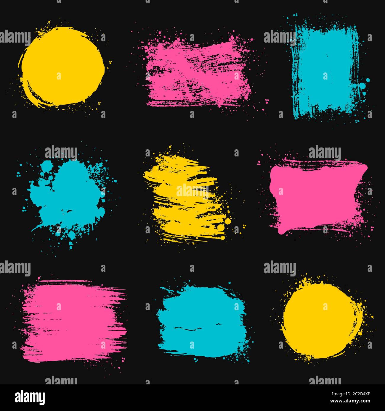 Paint brush stains, strokes, splatters and blots of different shapes and colors for frame, banner, label, text box or other art design. Stock Vector
