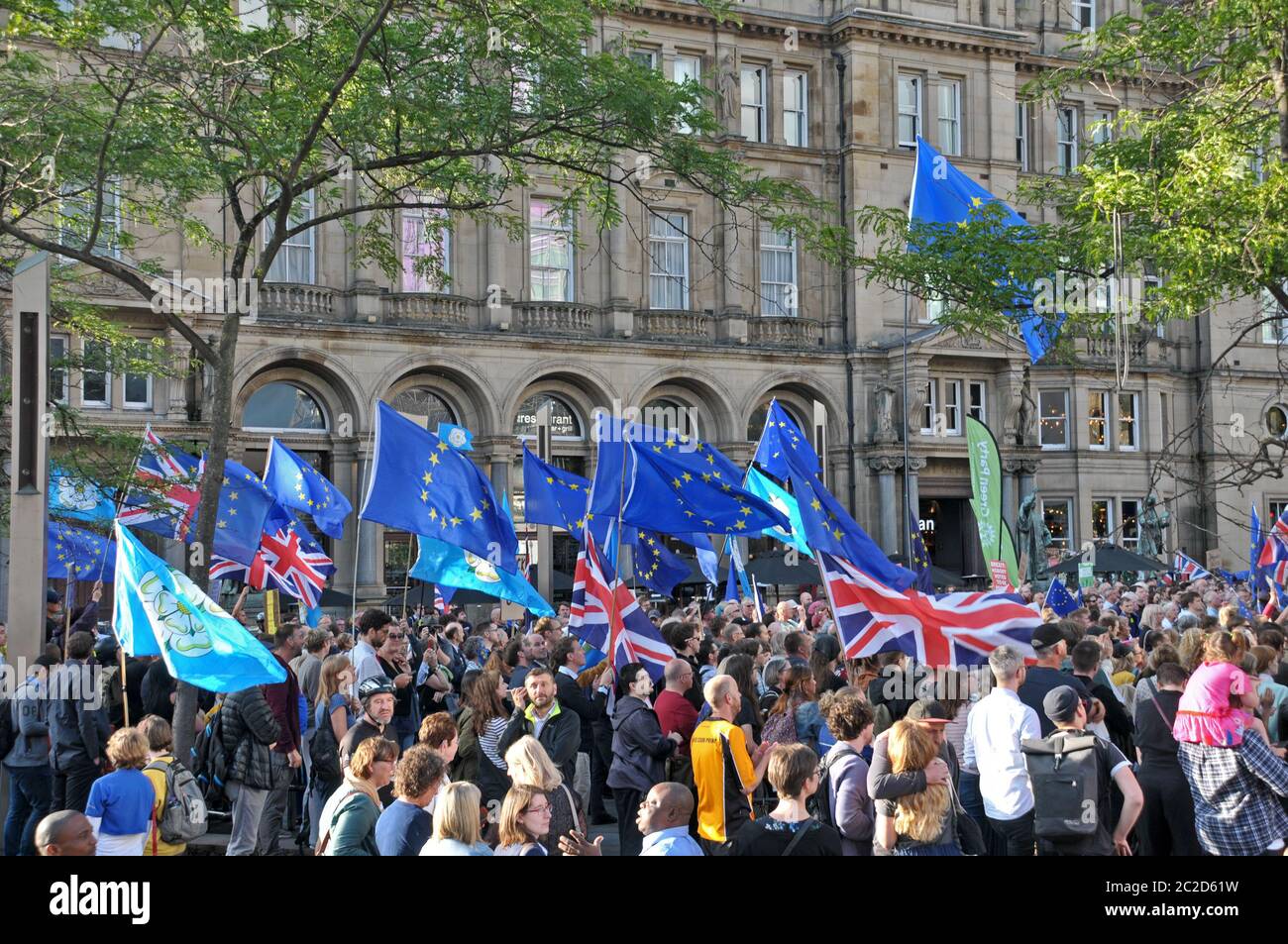 a large crowd with flags and banners at the leeds for europe anti brexit demonstration Stock Photo