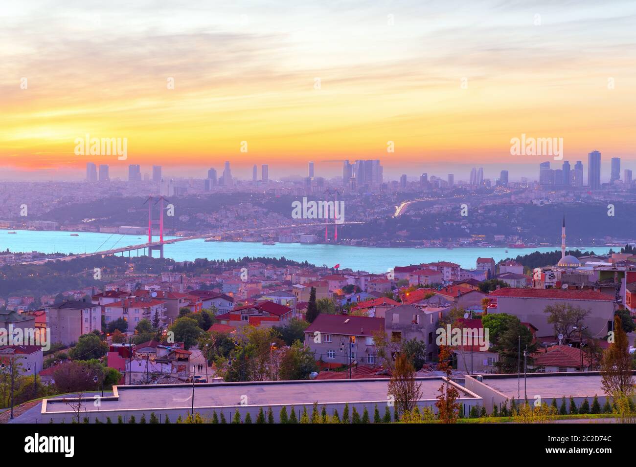 Colors of Istanbul, the Bosphorus bridge and the skyline of the city at ...
