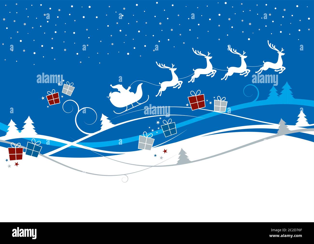 Christmas background with Santa sleigh, reindeer and gift boxes. Stock Vector