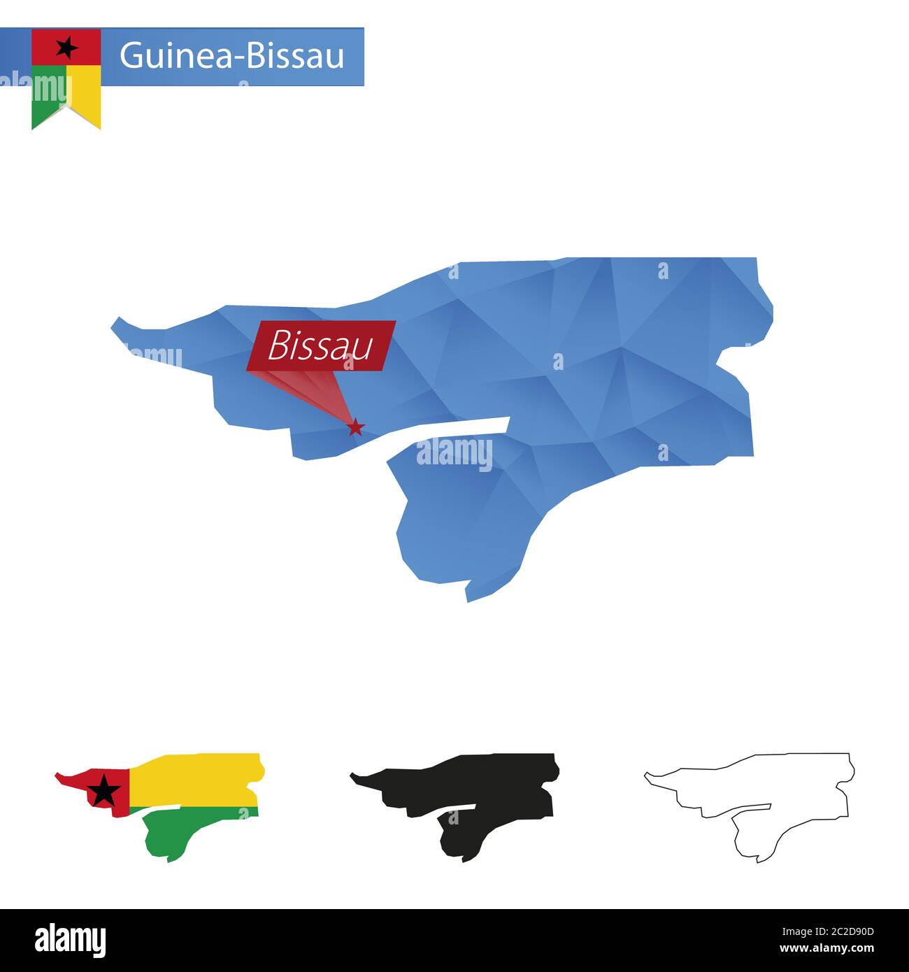 Guinea-Bissau blue Low Poly map with capital Bissau, versions with flag, black and outline. Vector Illustration. Stock Vector