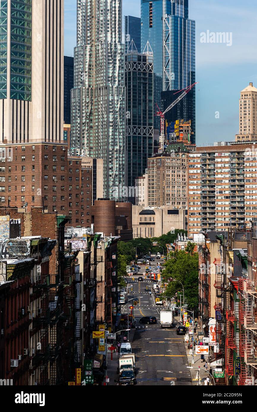 New York City / USA - JUL 31 2018: Skyscrapers and apartment buildings in Chinatown in Lower Manhattan Stock Photo