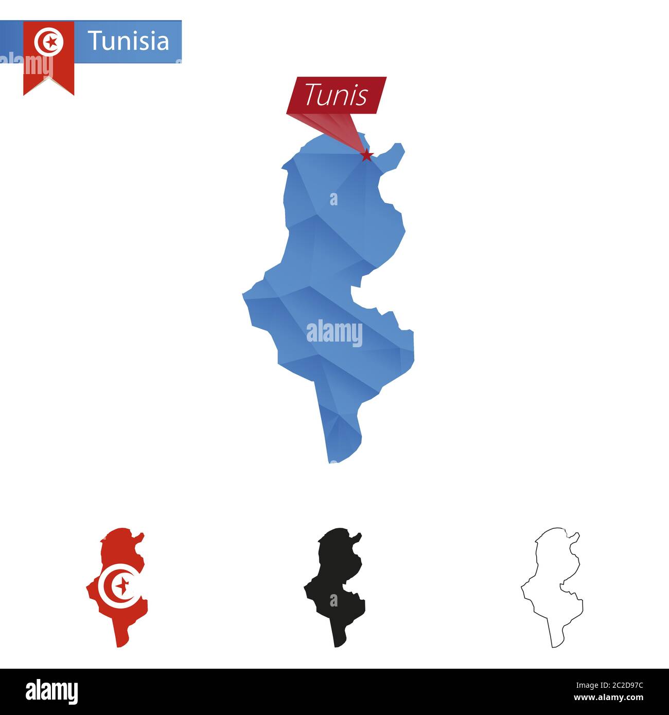 Tunisia blue Low Poly map with capital Tunis, versions with flag, black and outline. Vector Illustration. Stock Vector