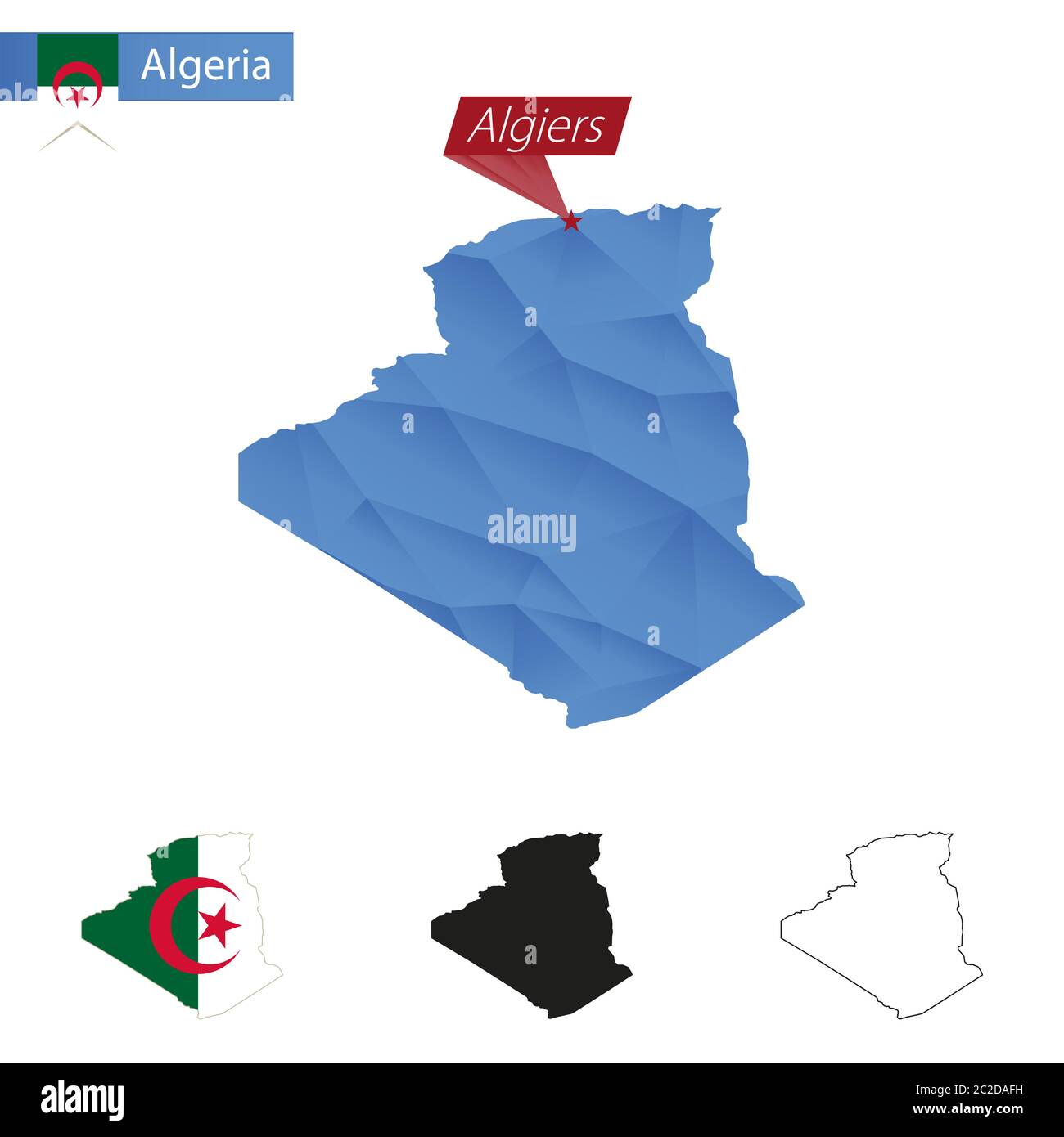 Algeria blue Low Poly map with capital Algiers, versions with flag, black and outline. Vector Illustration. Stock Vector