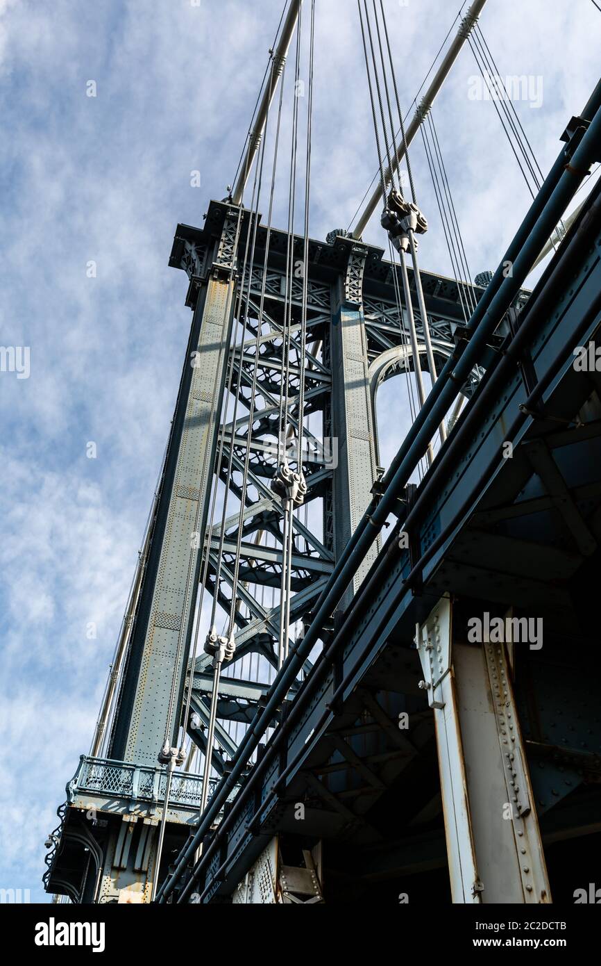 Brooklyn, NY / USA - JUL 31 2018: Looking up at details of Manhattan Bridge Stock Photo