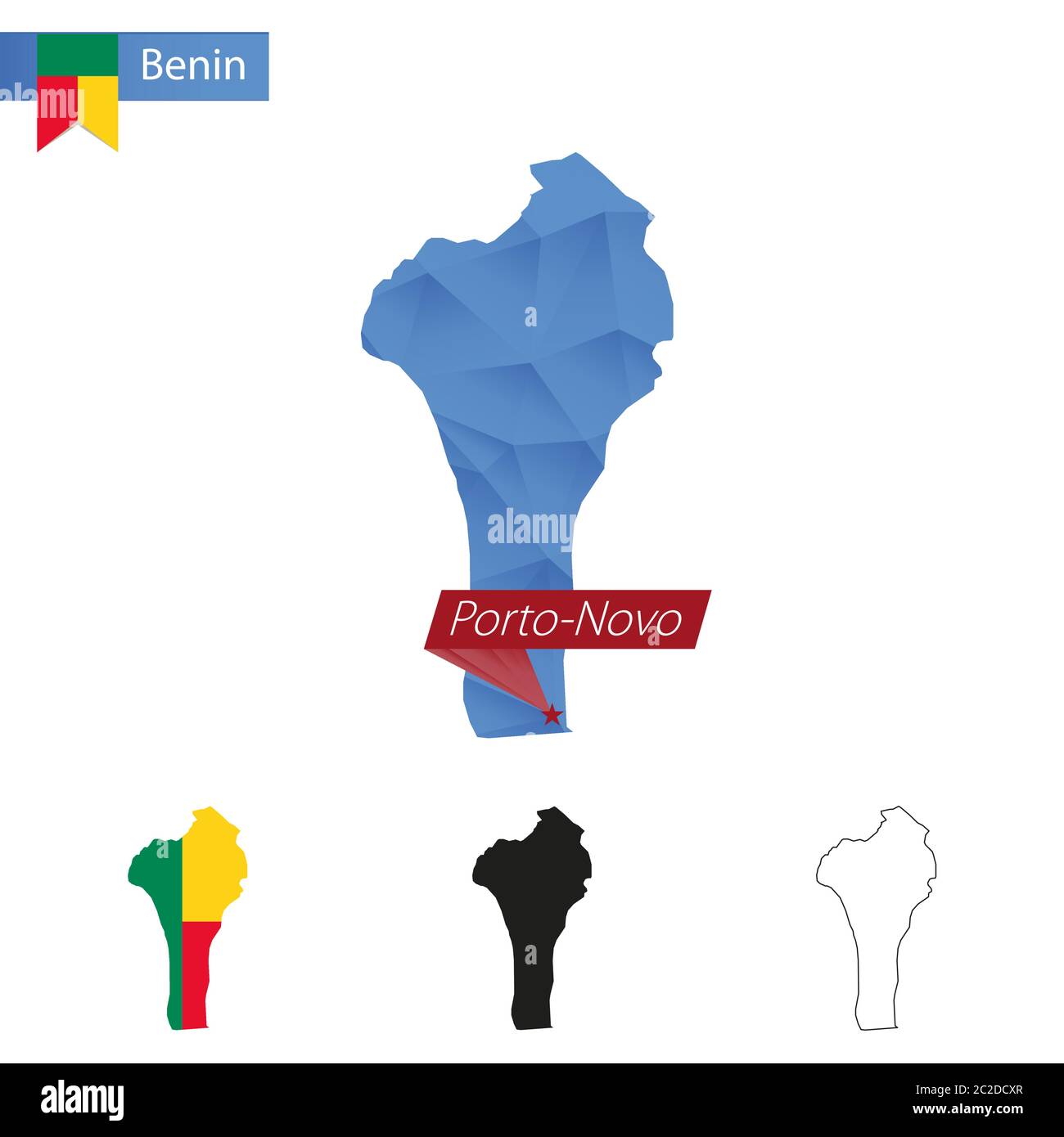 Benin blue Low Poly map with capital Porto-Novo, four versions of map. Vector Illustration. Stock Vector