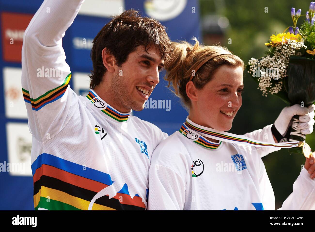 VAL DI SOLE, ITALY - JUNE 21, 2008. British siblings Gee and Rachel Atherton both won gold medals at the 2008 UCI Mountain BIke Downhill World Champio Stock Photo